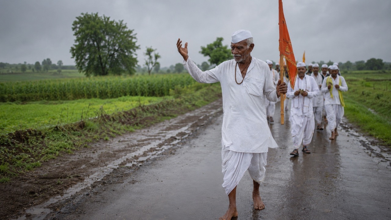 Elderly Varkari Man Walking With Saffron Flag in Rain | Royalty-Free image | Pixlaris