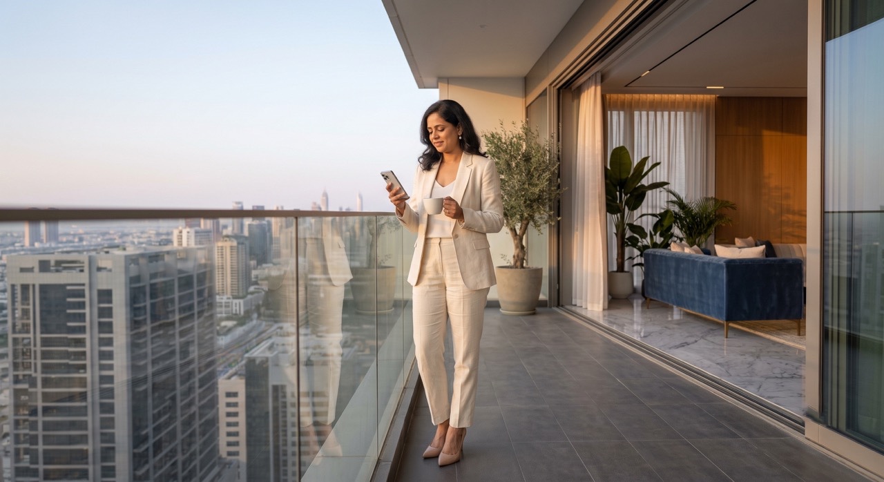 Successful Indian Woman Checking Smartphone with Coffee on Premium Apartment Balcony | Royalty-Free image | Pixlaris