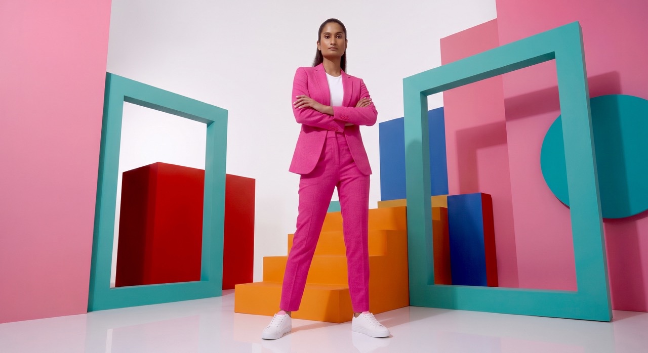 Indian Woman Standing with Crossed Arms in Pink Pantsuit | Royalty-Free image | Pixlaris