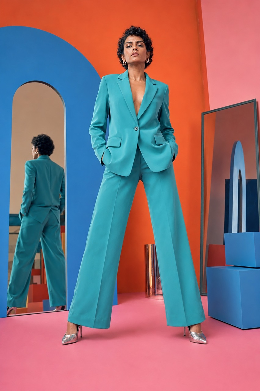 Confident Indian Model in Turquoise Suit with Hands in Pockets | Royalty-Free image | Pixlaris