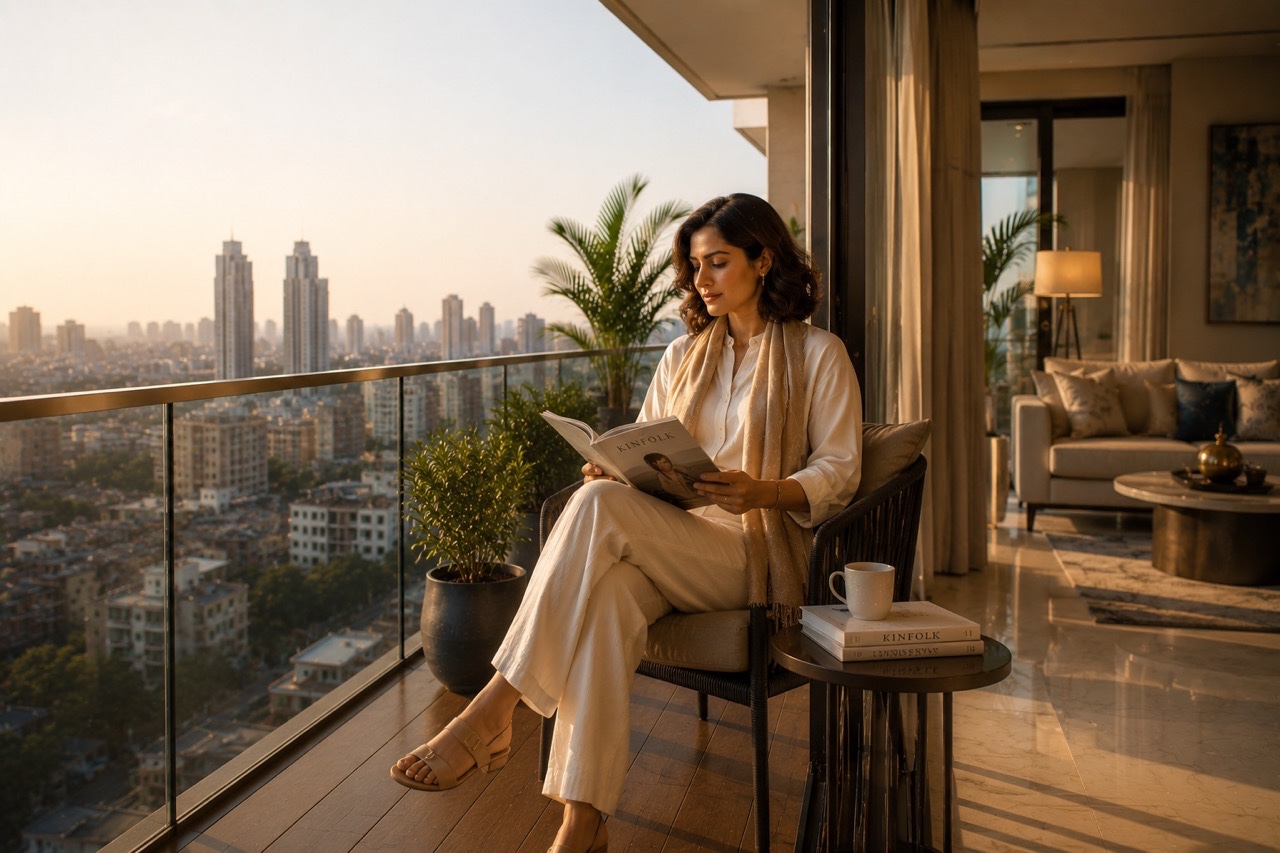 Elegant Woman Opening Curtains in Luxury Apartment Balcony | Royalty-Free image | Pixlaris