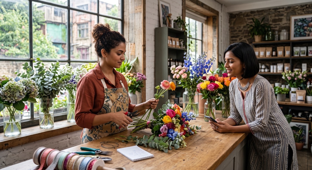 Indian Florist Creating Fresh Flower Bouquet for Customer in Boutique Flower Shop Large
