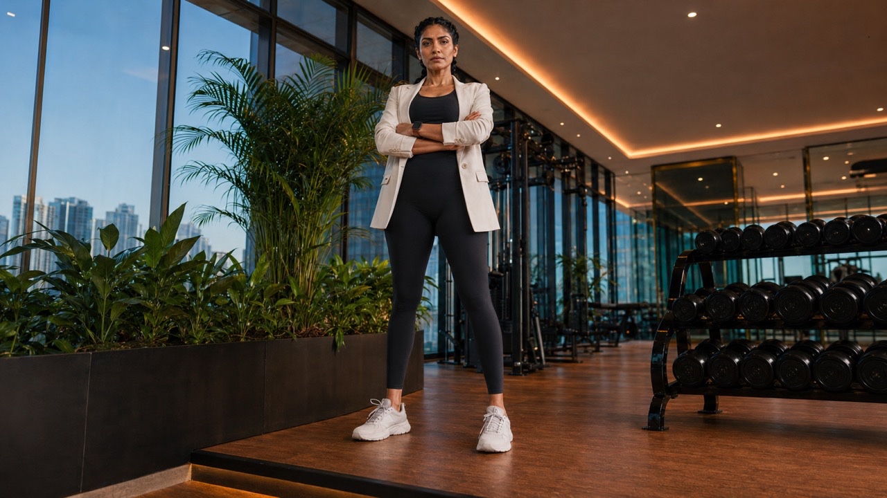 Luxury Fitness Woman Standing Confidently in Premium High-Rise Gym | Royalty-Free image | Pixlaris