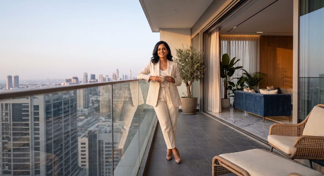 Elegant Indian Woman Relaxing on Luxury Balcony with Panoramic City View | Royalty-Free image | Pixlaris