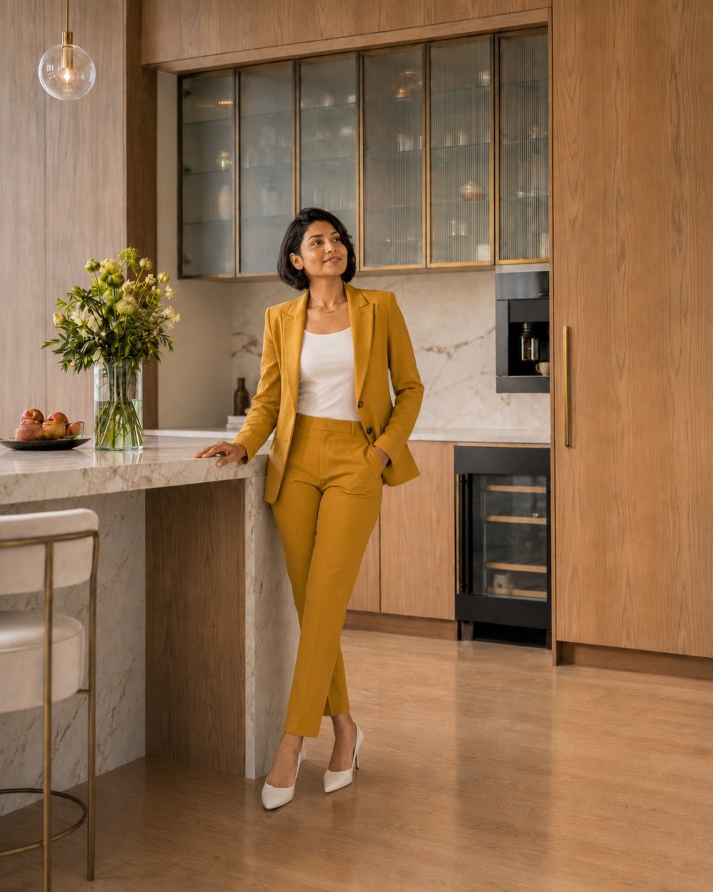 Stylish Woman Leaning on Marble Island in Luxury Kitchen | Royalty-Free image | Pixlaris