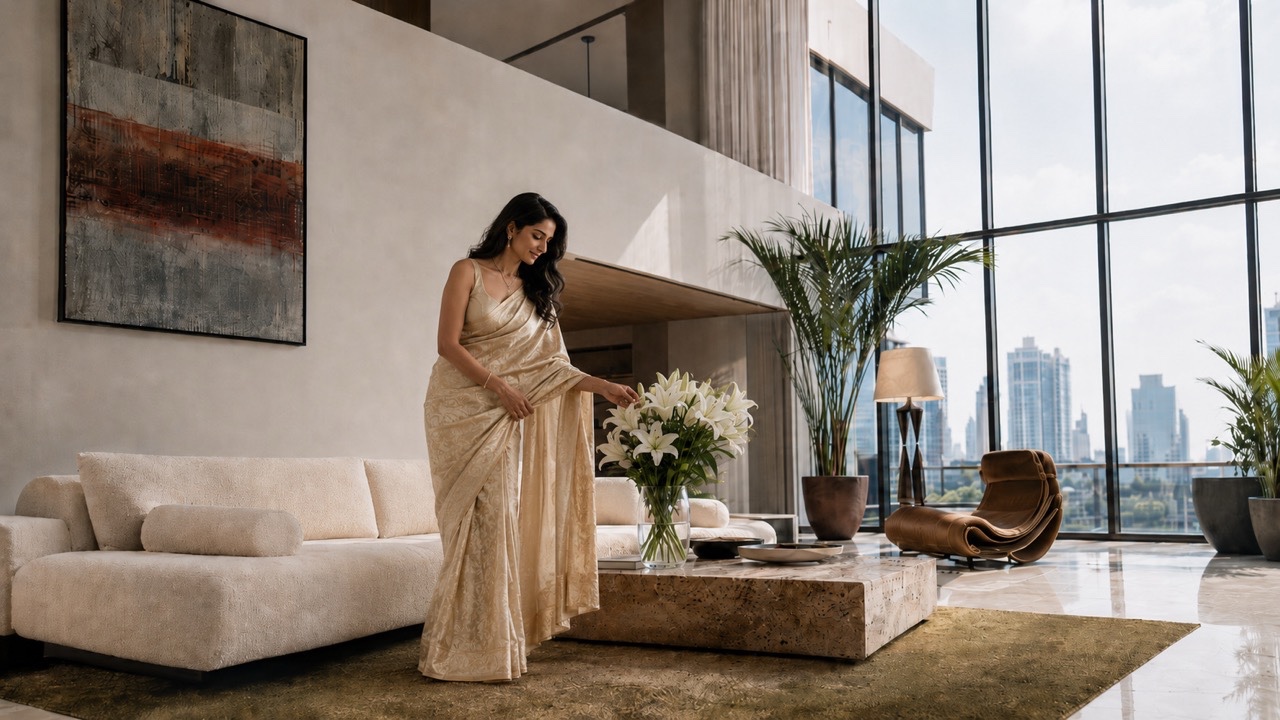Elegant Woman Holding Coffee Near Window in Luxury Living Room | Royalty-Free image | Pixlaris