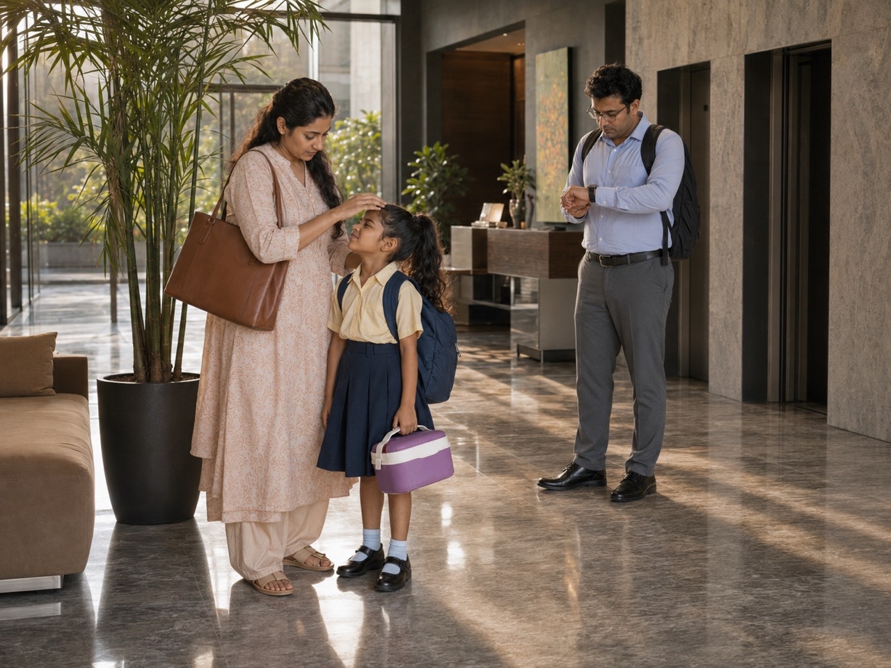 Mother Fixing Daughter's Hair While Father Checks Time | Royalty-Free image | Pixlaris