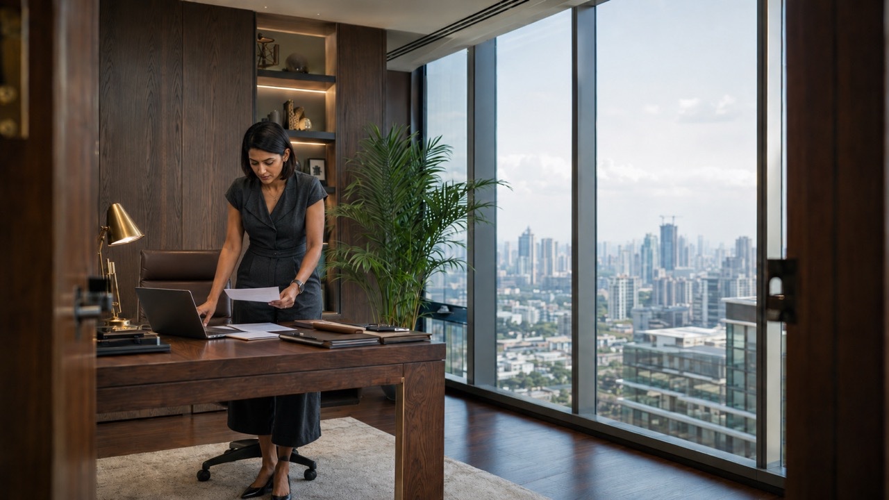 Indian Executive Reviewing Financial Charts in Modern Luxury Office | Royalty-Free image | Pixlaris