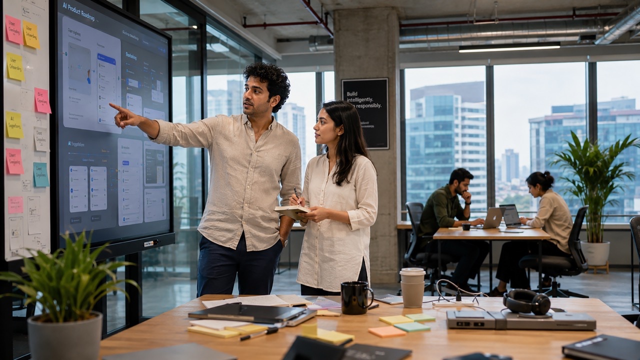 Indian Product Team Reviewing AI Product Roadmap in Modern Tech Office Large