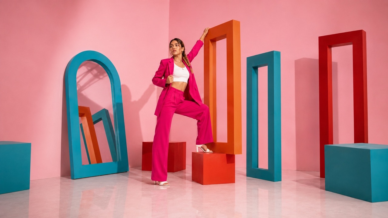 Model in Pink Suit Walking with Teal Frame | Royalty-Free image | Pixlaris