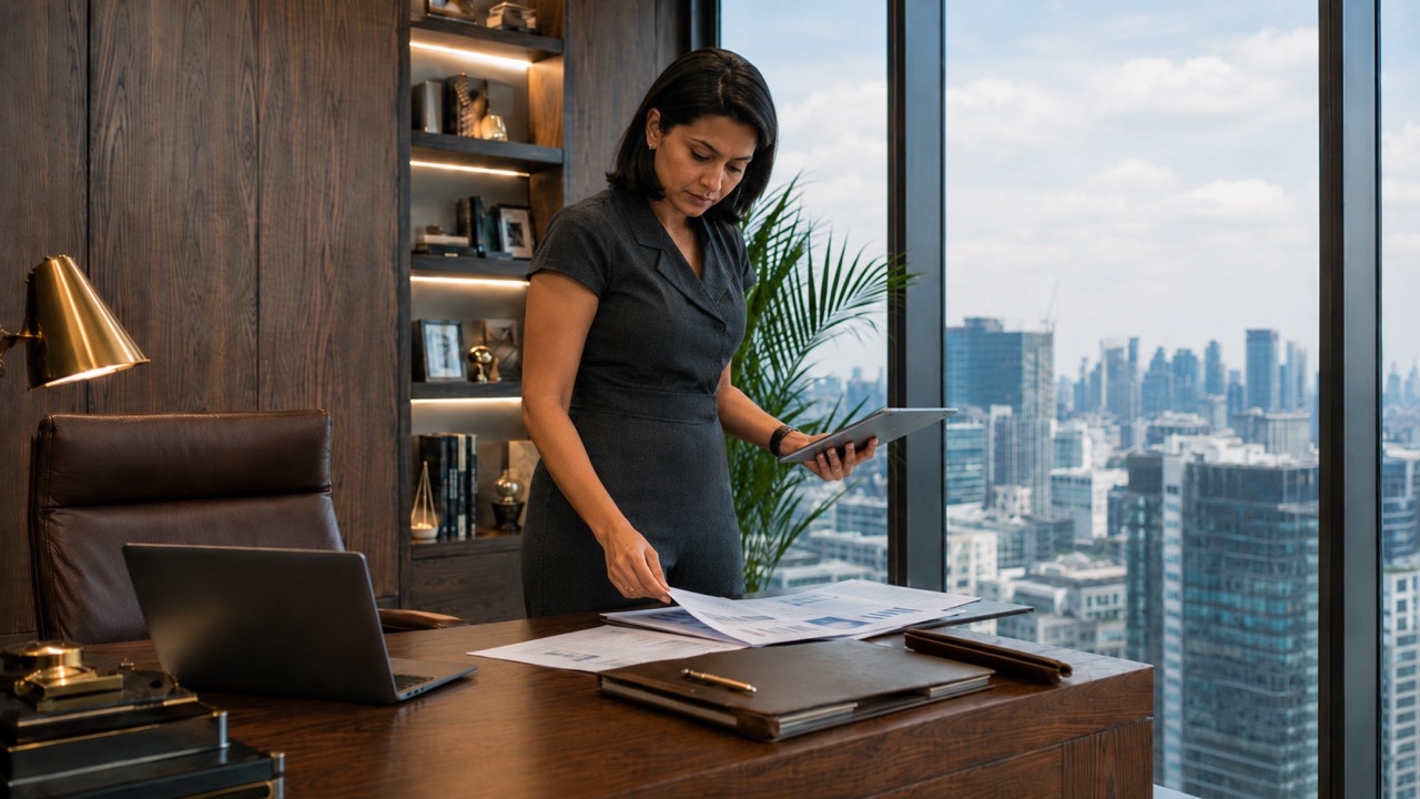 Indian Executive Organizing Business Documents at Premium Office Desk | Royalty-Free image | Pixlaris
