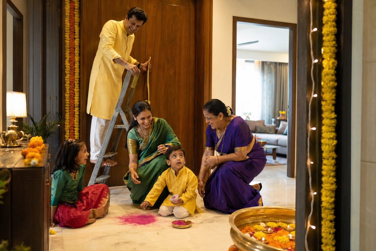Happy Family Decorating Home Entrance With Rangoli Colors | Royalty-Free image | Pixlaris