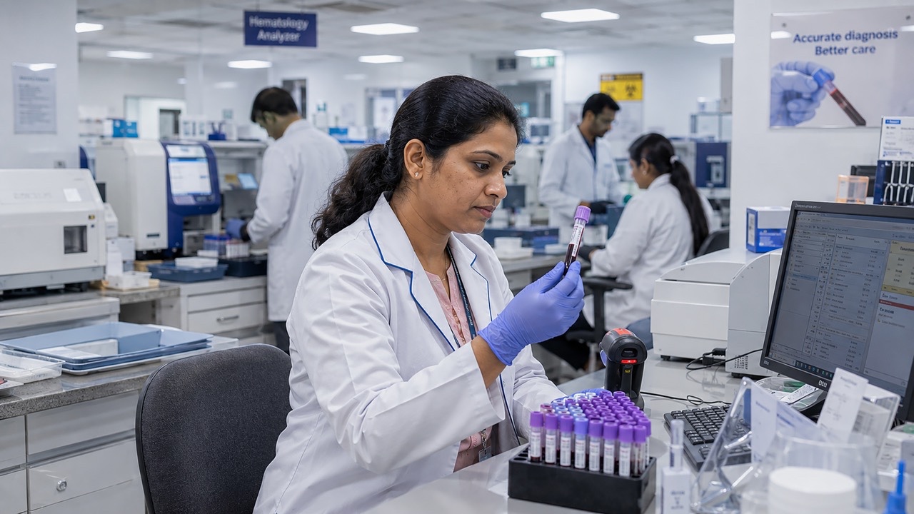 Indian Medical Laboratory Technician Examining Blood Sample in Modern Diagnostic Laboratory Large
