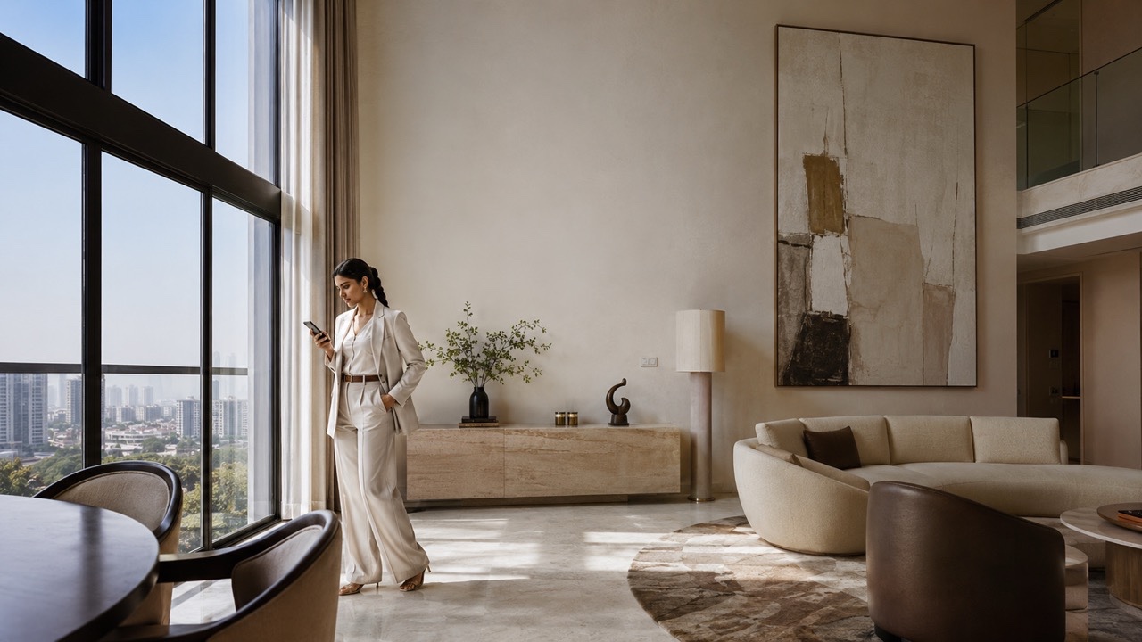 Elegant Businesswoman Using Smartphone in Luxury Penthouse Living Room | Royalty-Free image | Pixlaris