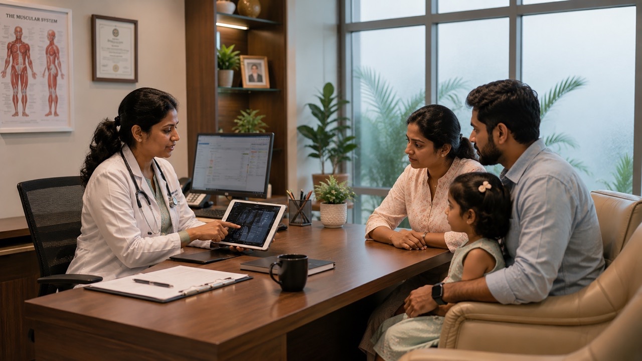 Indian Family Consulting Pediatric Doctor During Child Health Checkup in Modern Clinic Large