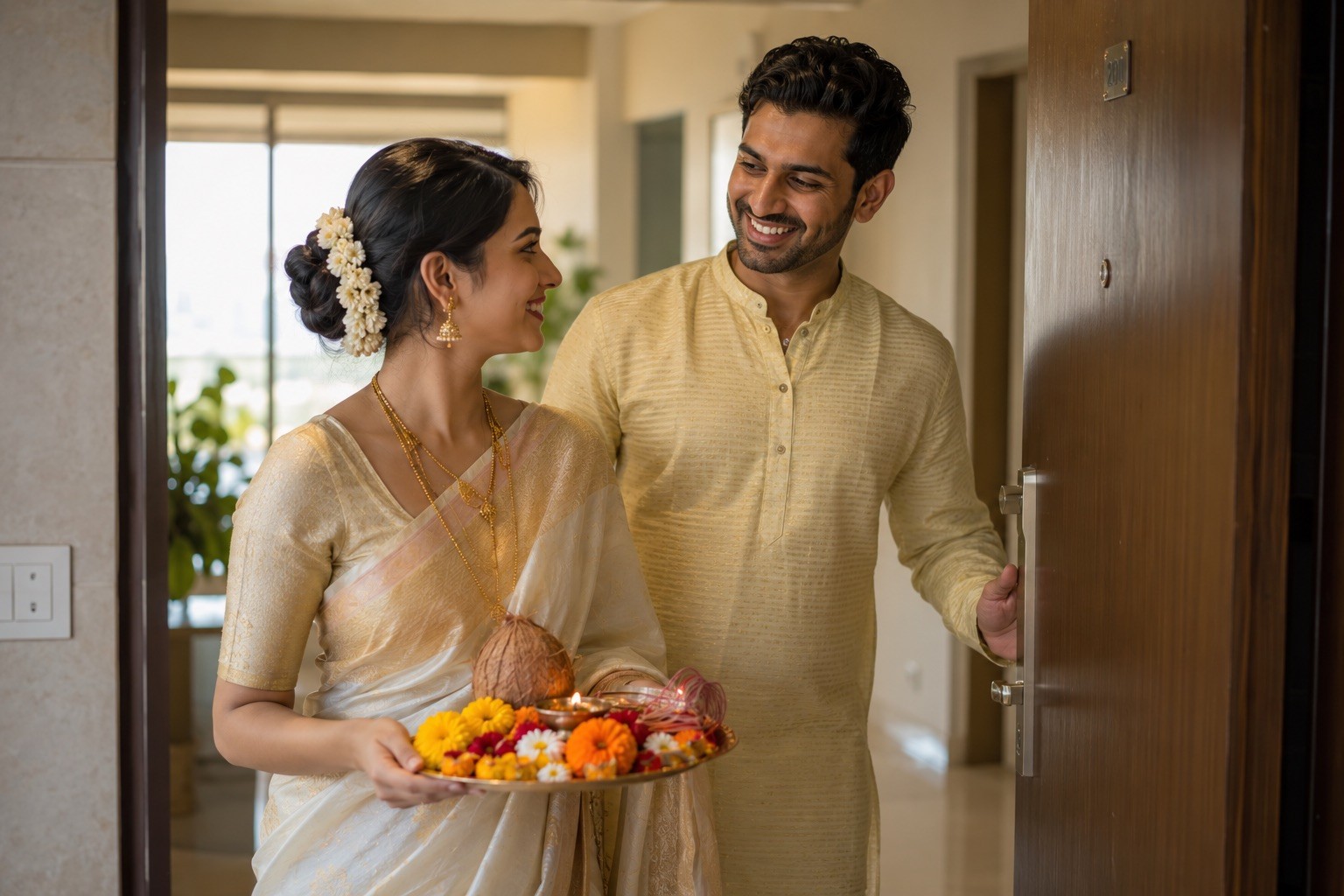 Indian Married Couple Leaving Home for Vat Purnima Puja with Traditional Puja Thali
