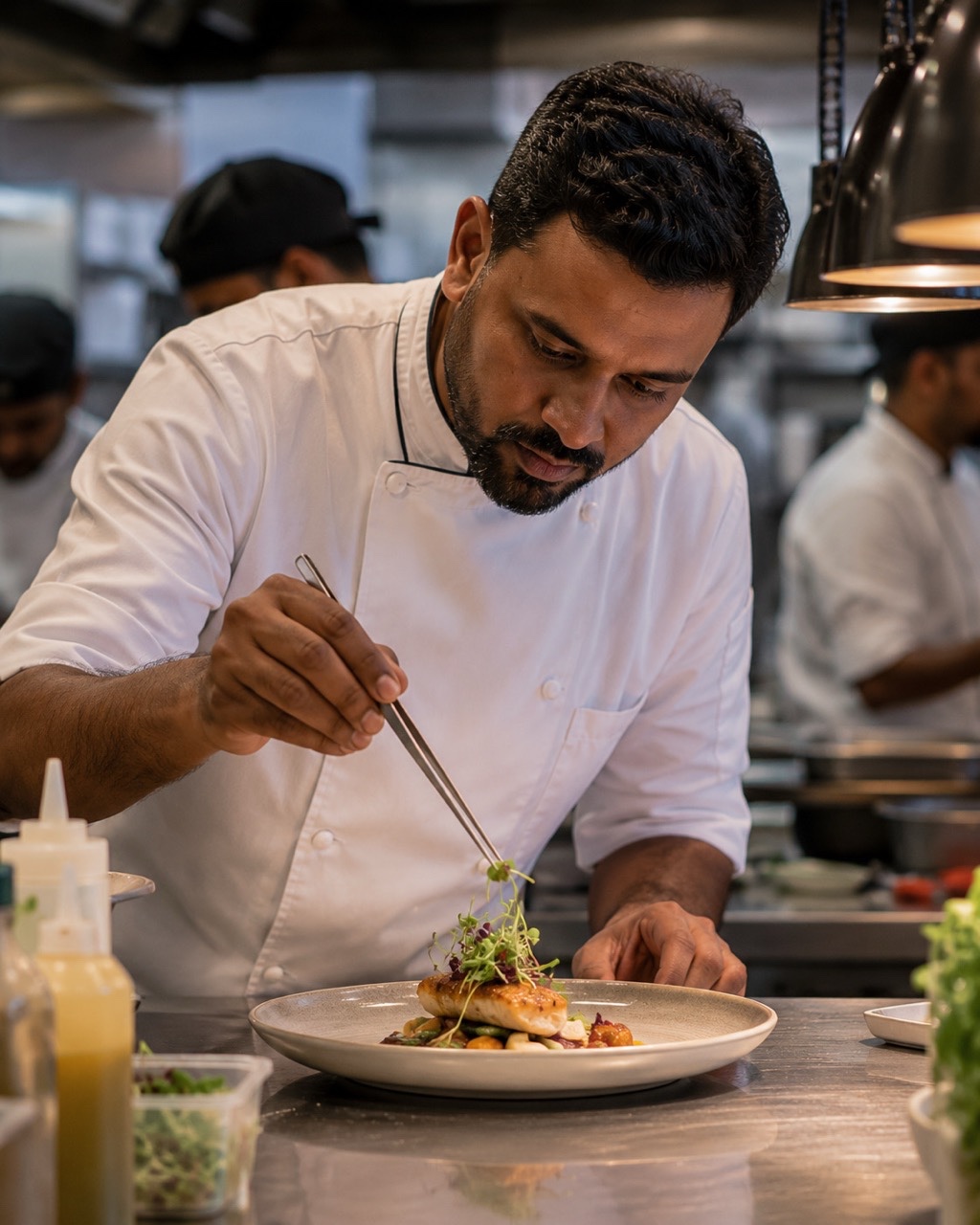 Professional Chef Plating Gourmet Dish in Restaurant Kitchen | Royalty-Free image | Pixlaris