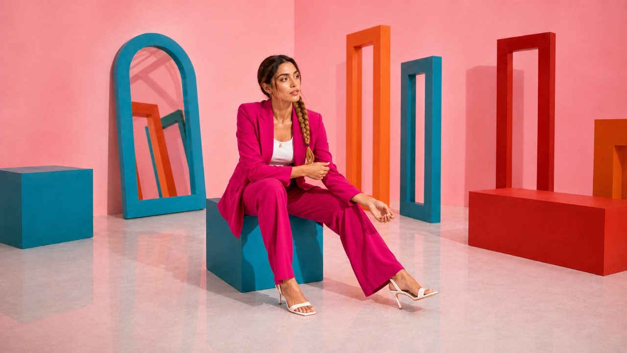 Model sitting on Teal Block in Pink Suit | Royalty-Free image | Pixlaris