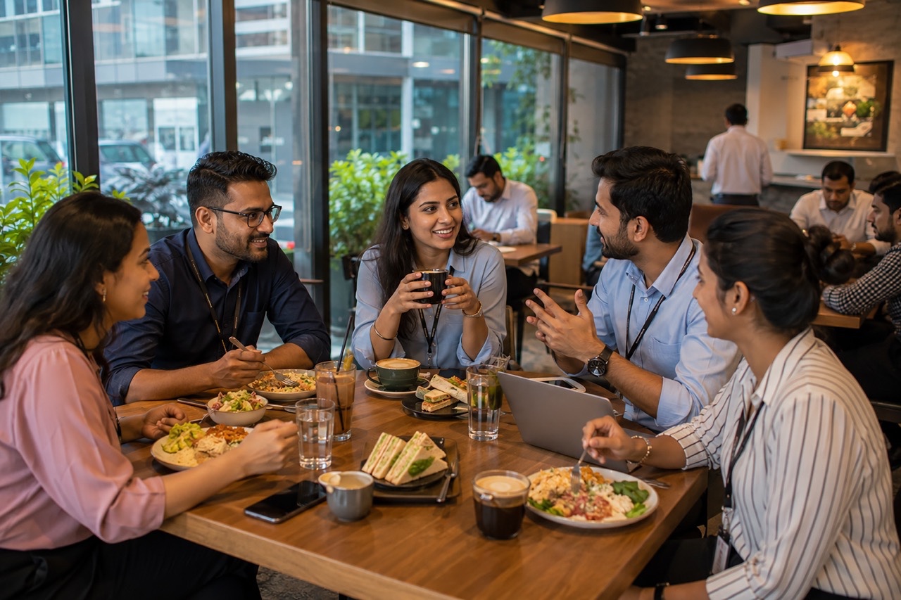 Indian Business Team Having Lunch Meeting at Modern Cafe | Royalty-Free image | Pixlaris