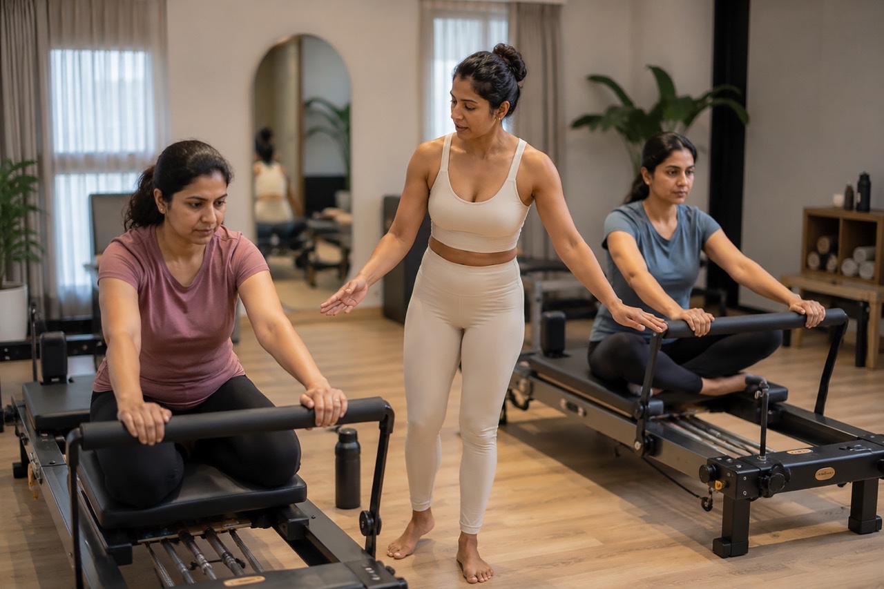 Pilates Instructor Guiding Reformer Exercise in Premium Studio | Royalty-Free image | Pixlaris
