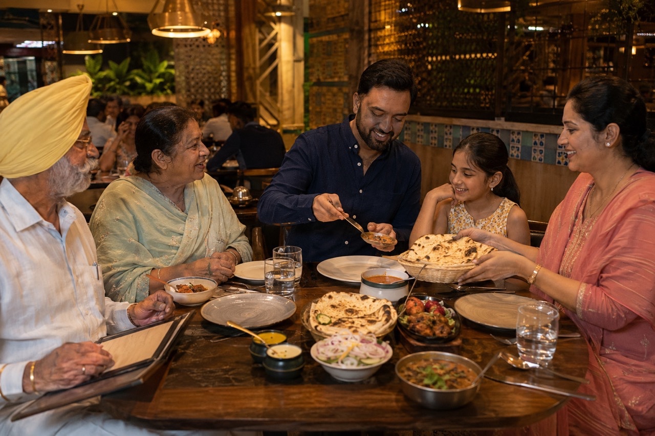 Indian Family Enjoying Dinner at Restaurant with Naan and Curry | Royalty-Free image | Pixlaris