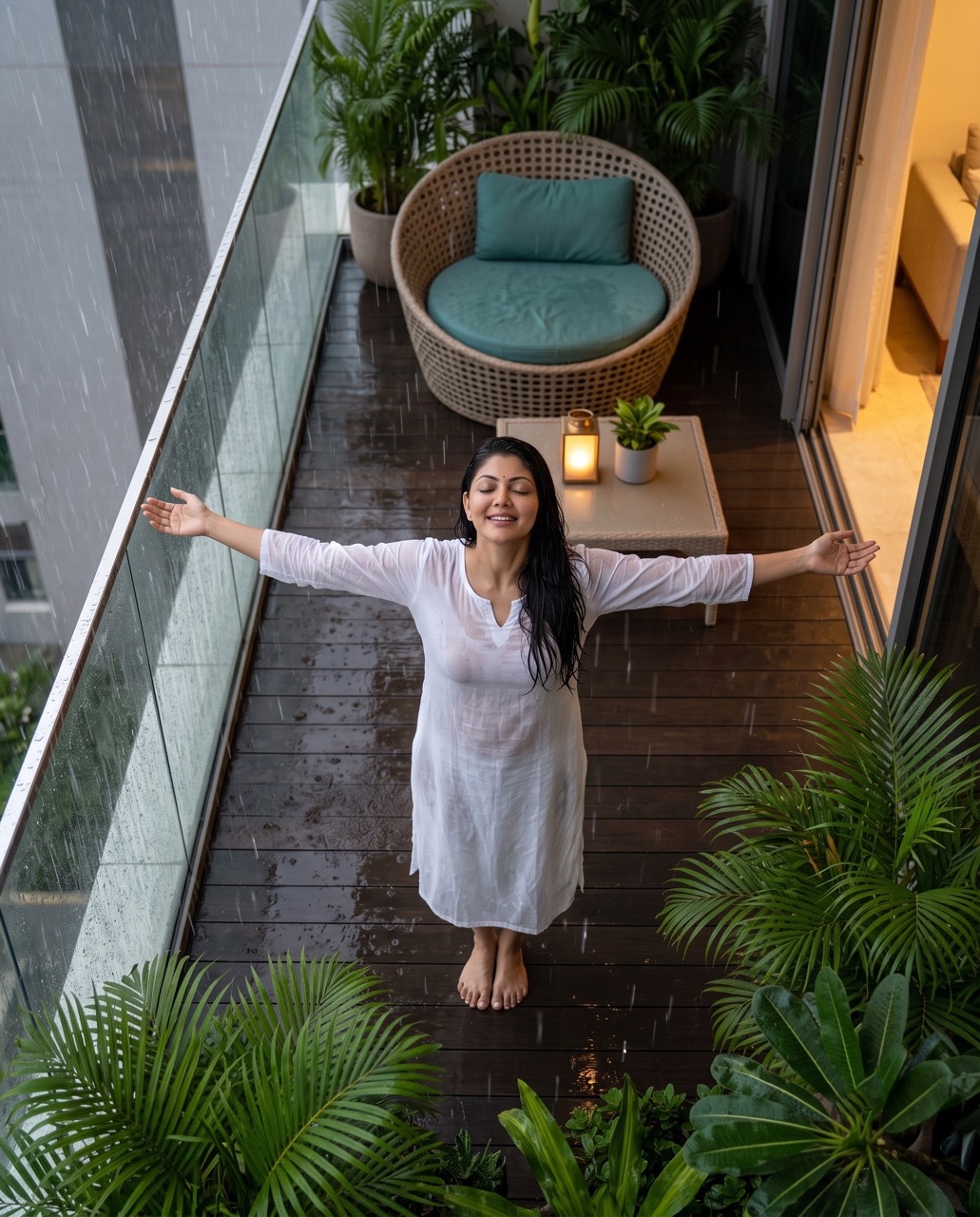 Indian Woman Enjoying Rain on Luxury Apartment Balcony | Royalty-Free image | Pixlaris