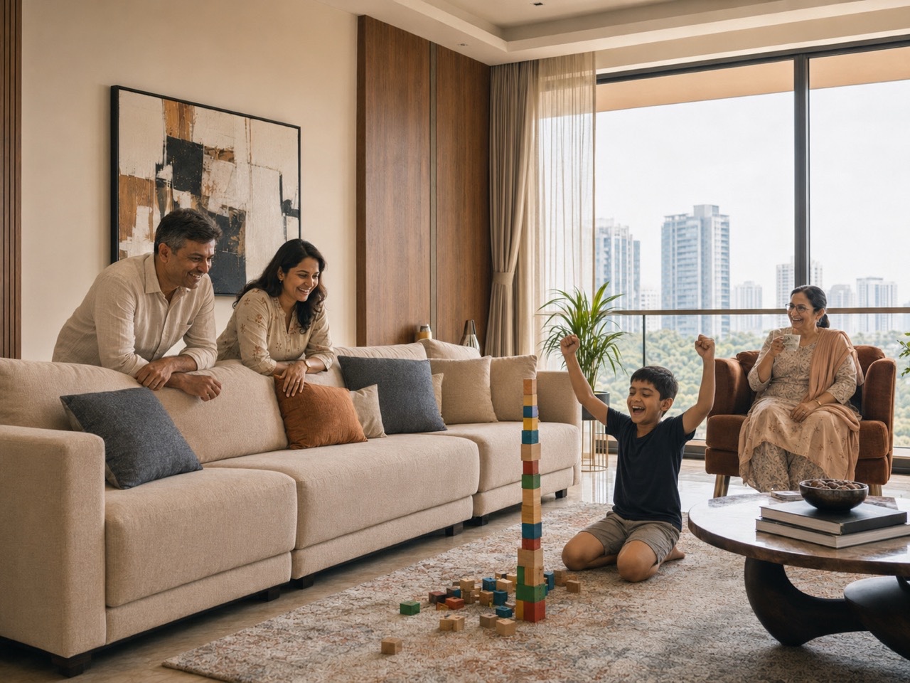 Indian Family Sitting in Luxury Living Room With Balcony View | Royalty-Free image | Pixlaris