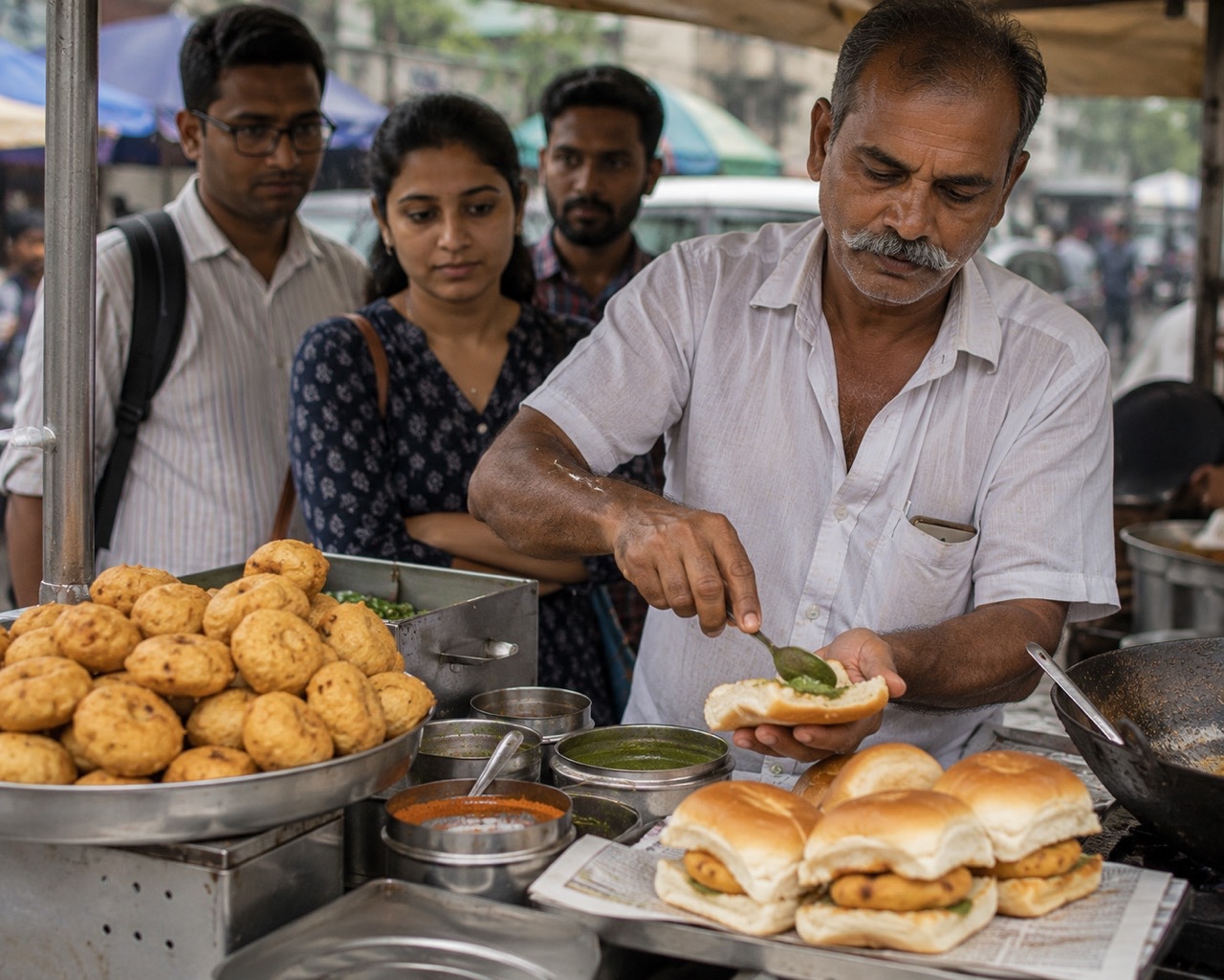 Indian Street Food Vendor Serving Vada Pav to Waiting Customers | Royalty-Free image | Pixlaris