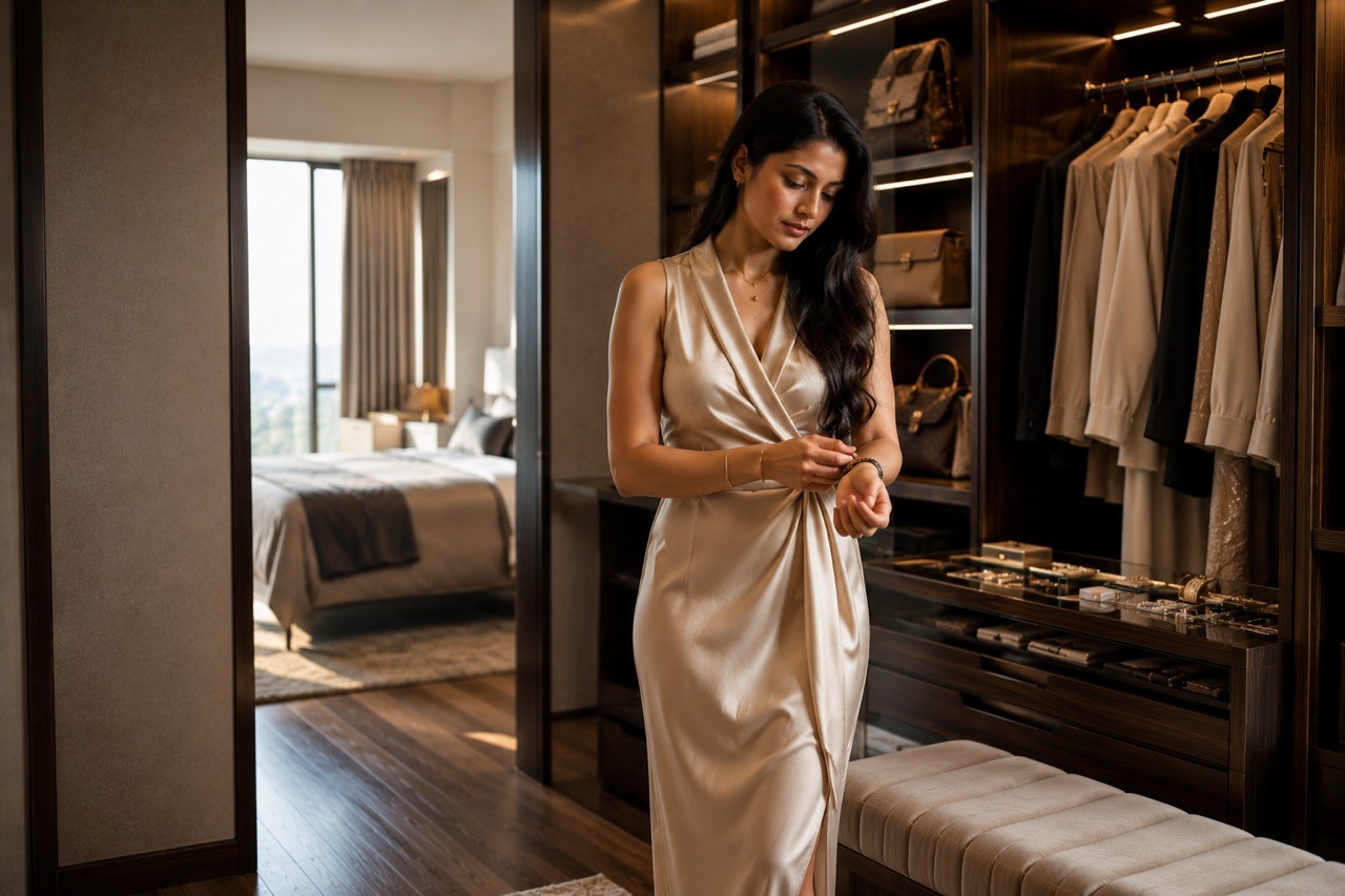 Elegant Woman Wearing Earrings in Luxury Dressing Room