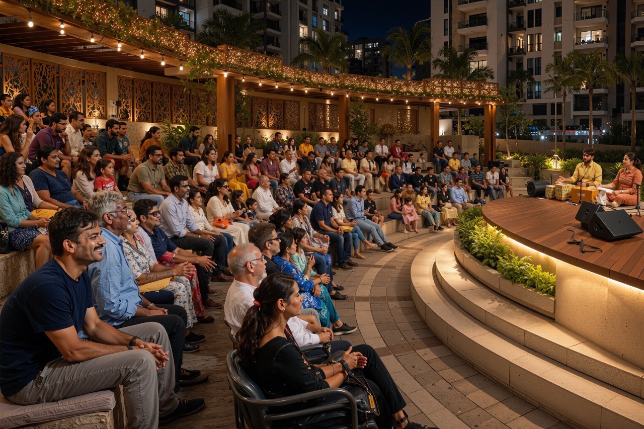 Residents Enjoying Live Indian Classical Music Performance at Luxury Residential Community Amphitheater  Large
