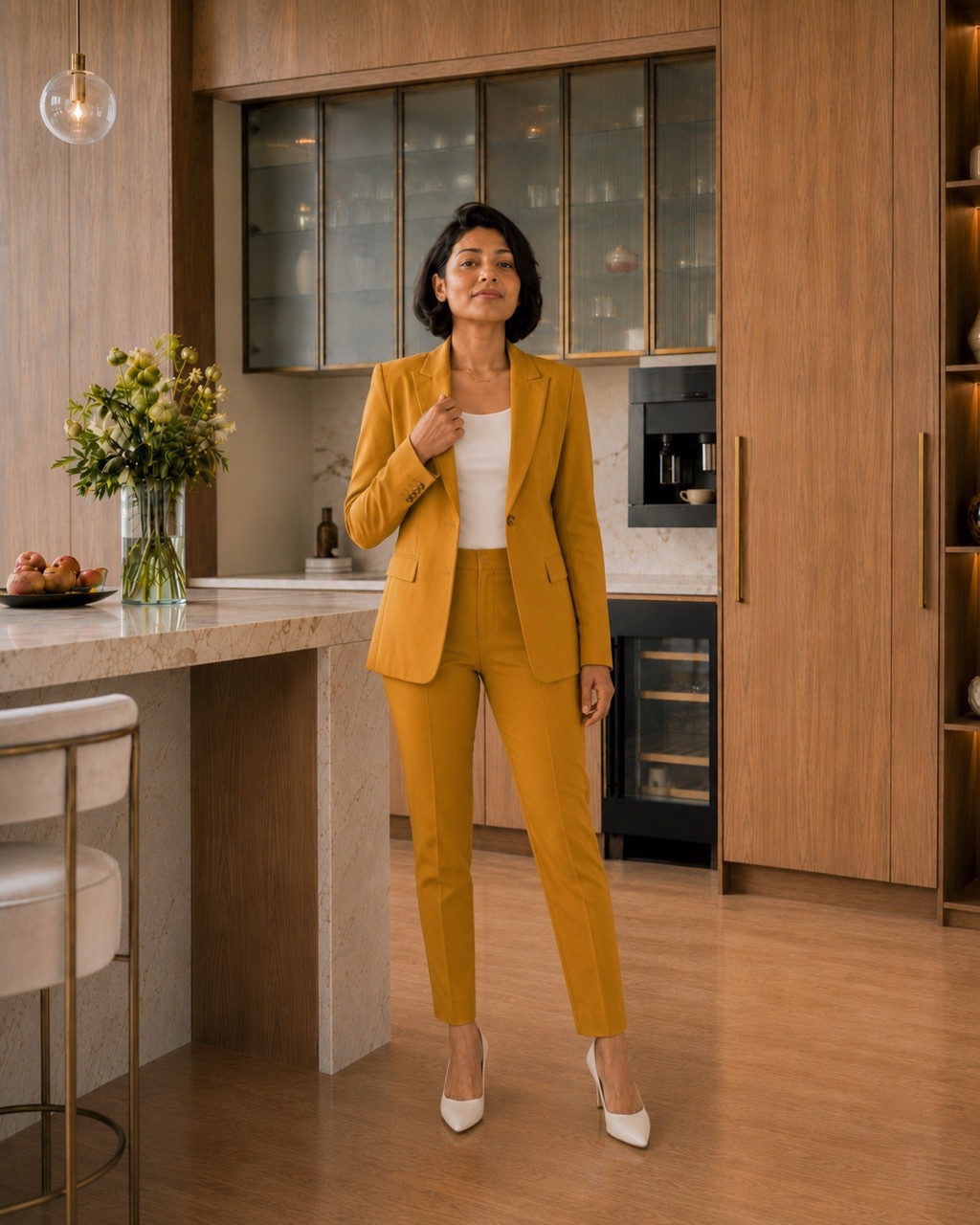 Professional Businesswoman Adjusting Mustard Blazer in Luxury Kitchen | Royalty-Free image | Pixlaris