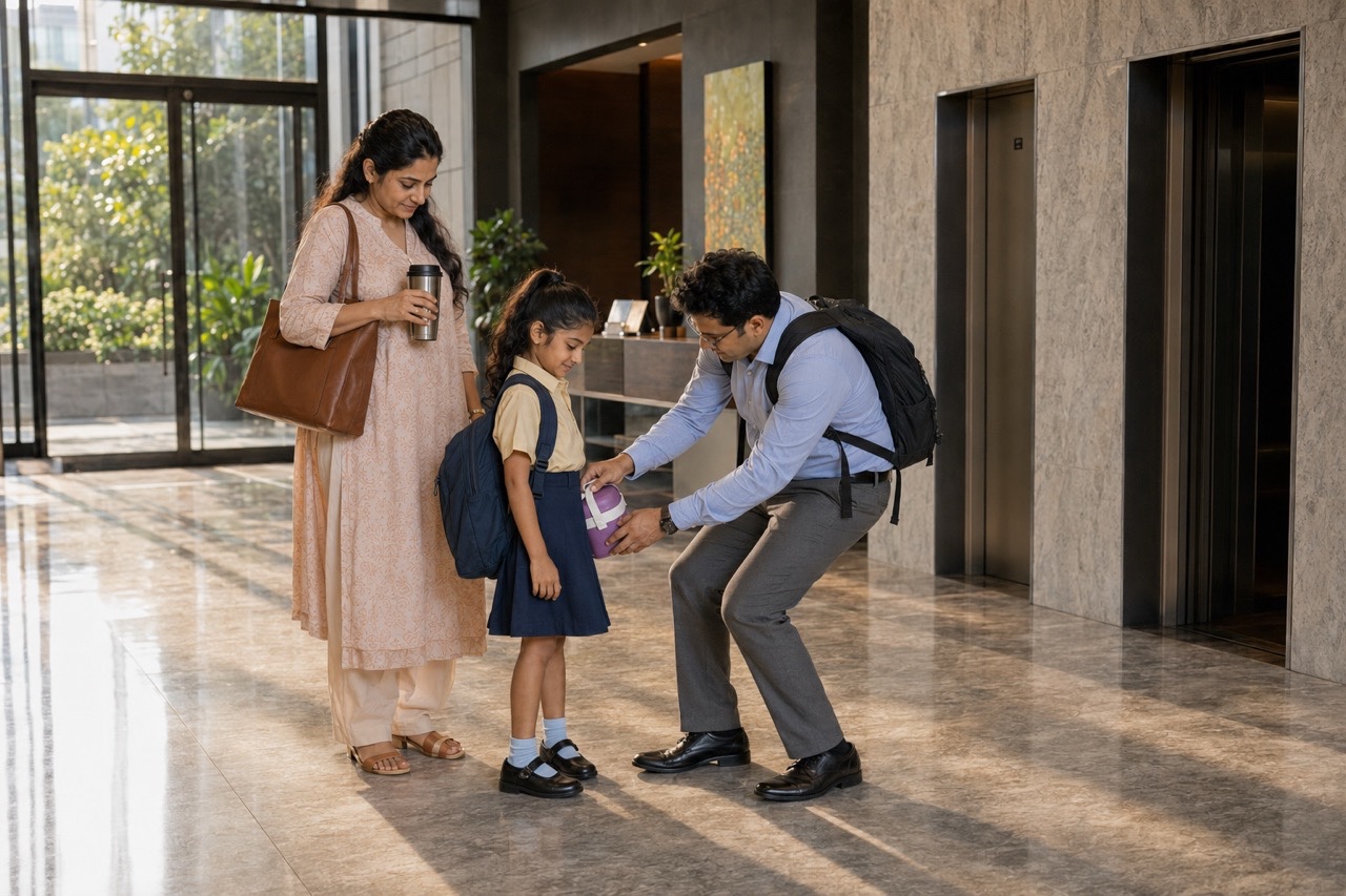Father Adjusting Daughter's Lunch Box Before School | Royalty-Free image | Pixlaris