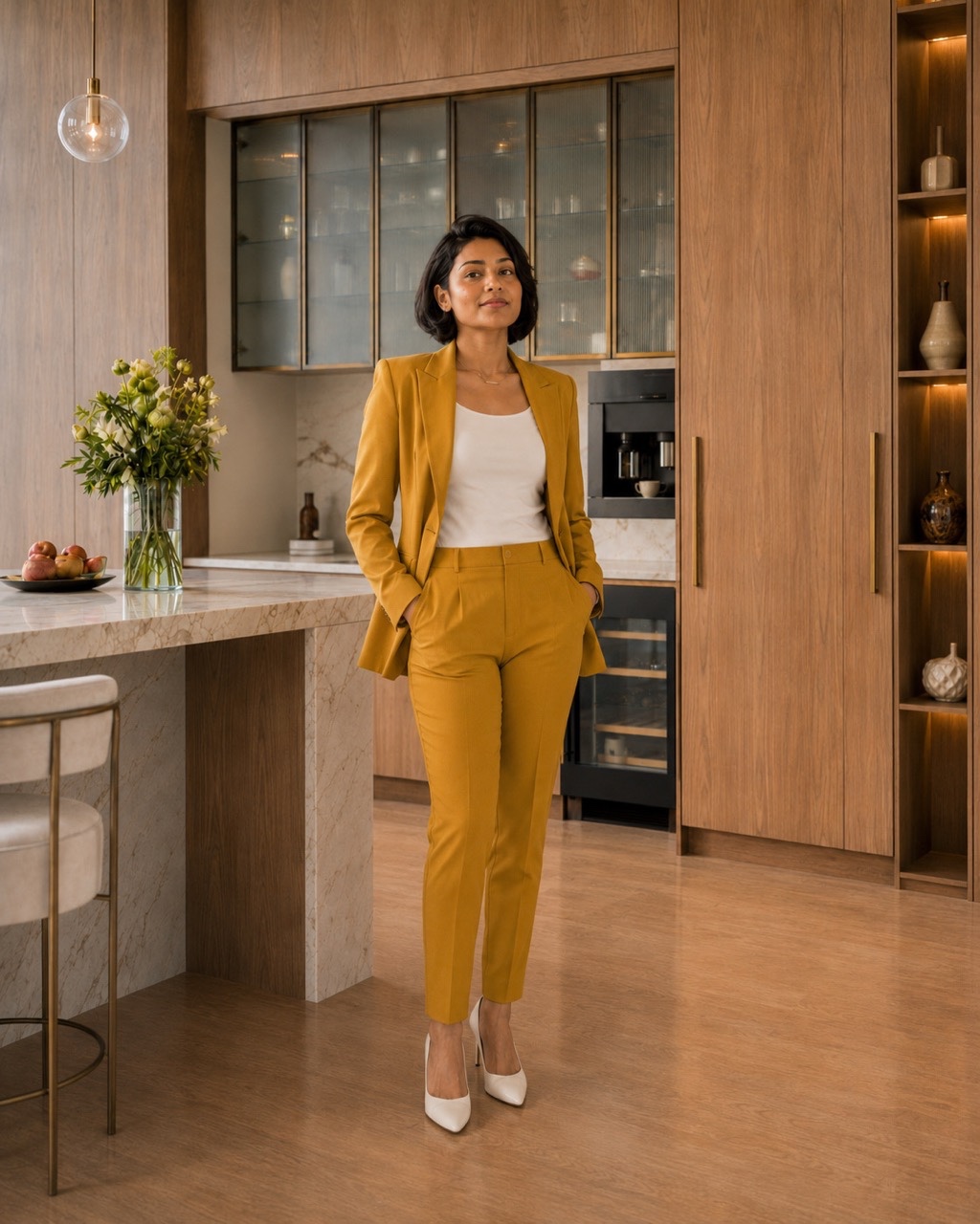 Elegant Indian Businesswoman Standing in Premium Kitchen Interior | Royalty-Free image | Pixlaris