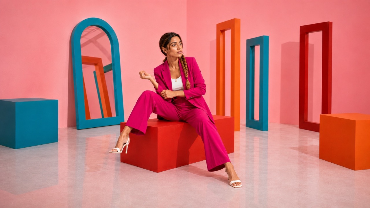Fashion Model Lounging on Red Studio Block | Royalty-Free image | Pixlaris