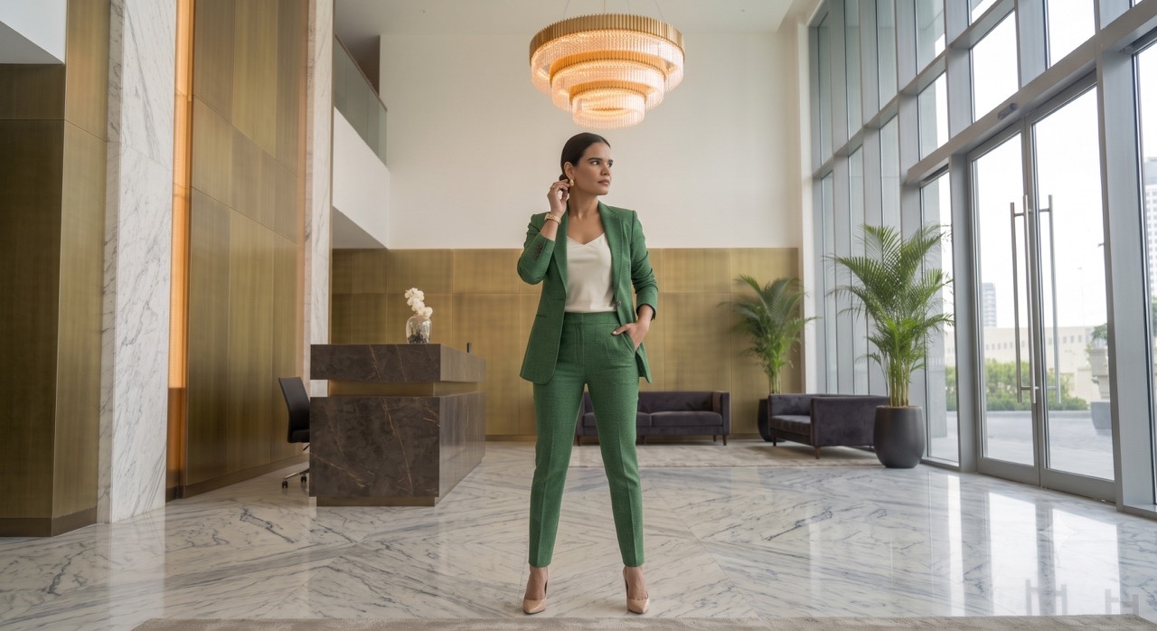 Elegant Businesswoman Adjusting Earring in Corporate Lobby | Royalty-Free image | Pixlaris