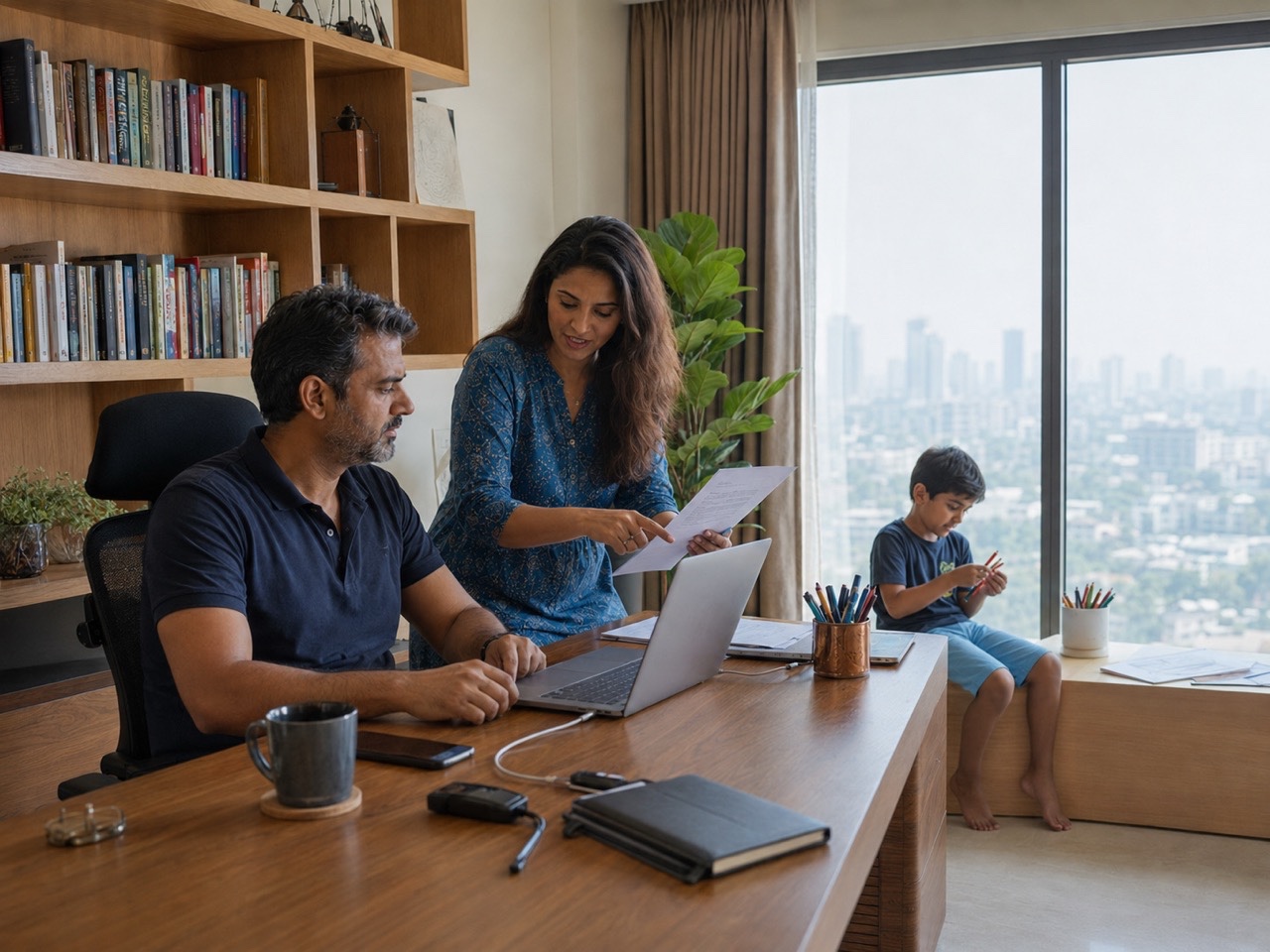 Mother Reviewing Documents While Father Works From Home | Royalty-Free image | Pixlaris