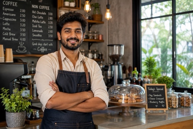 Indian Male Barista Standing Behind Counter in Modern Coffee Shop