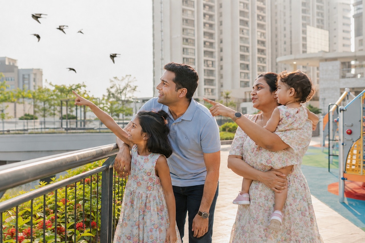 Family Pointing at Birds From Residential Playground | Royalty-Free image | Pixlaris