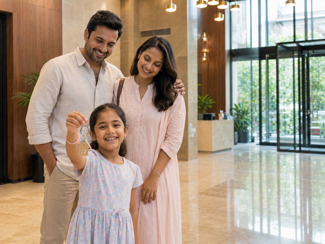 Daughter Showing New Home Keys to Camera With Parents | Royalty-Free image | Pixlaris