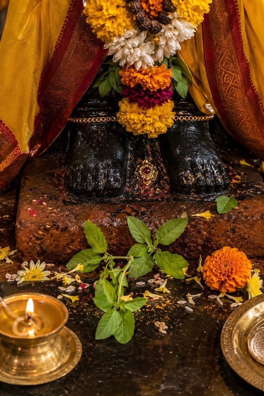 Close-up of Sacred Feet of Lord Vitthal Idol with Tulsi Leaves | Royalty-Free image | Pixlaris