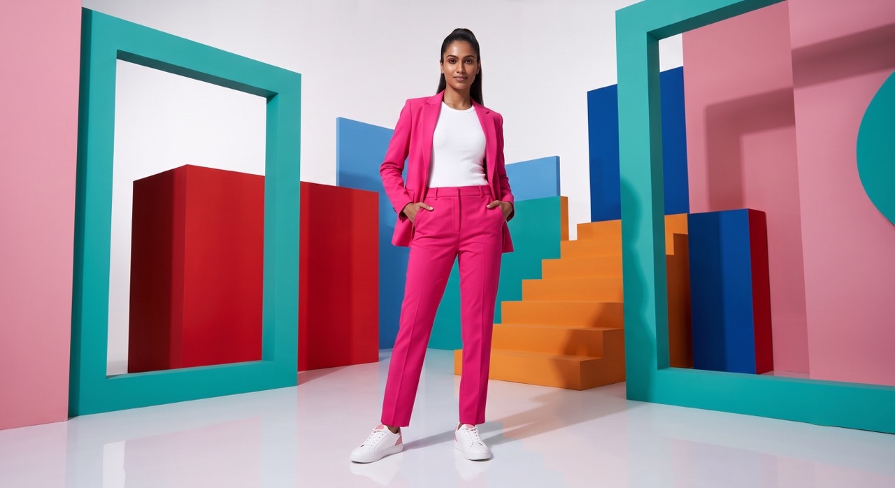 Smiling Indian Model in Pink Suit with Hands in Pockets | Royalty-Free image | Pixlaris