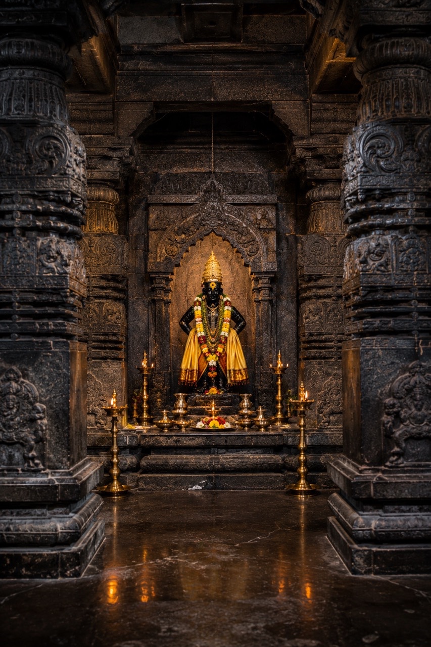 Lord Vitthal Idol in Ancient Stone Temple Sanctum with Carved Pillars | Royalty-Free image | Pixlaris