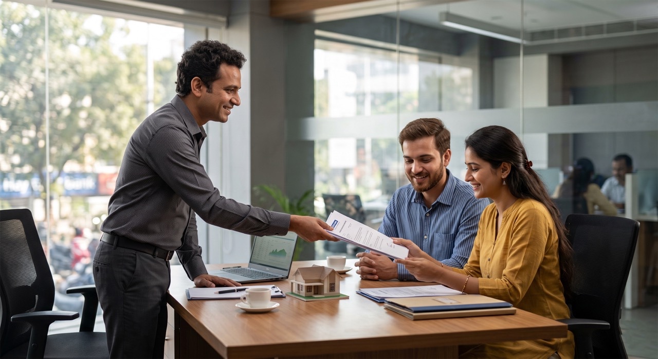 Indian Real Estate Agent Presenting Property Documents to Young Homebuyers in Modern Sales Office Large