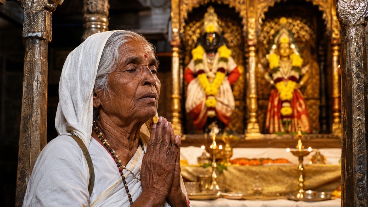 Elderly Woman Praying Before Vitthal Rukmini Temple Shrine | Royalty-Free image | Pixlaris