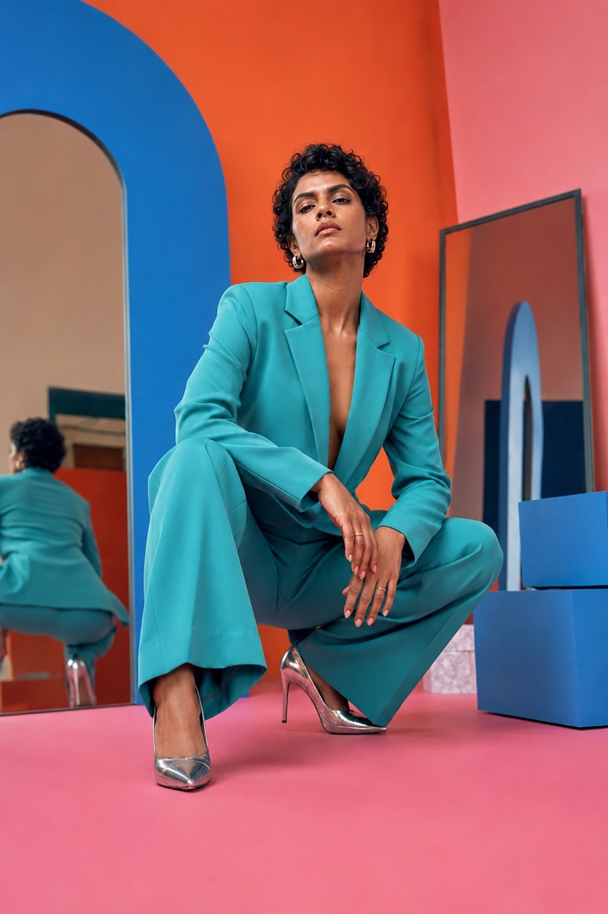 Indian Fashion Model Crouching in Turquoise Blazer Suit | Royalty-Free image | Pixlaris
