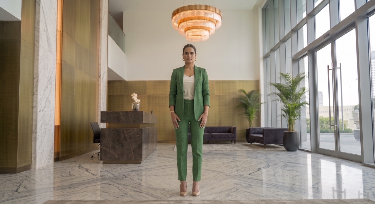 Confident Businesswoman Standing in Luxury Office Lobby | Royalty-Free image | Pixlaris