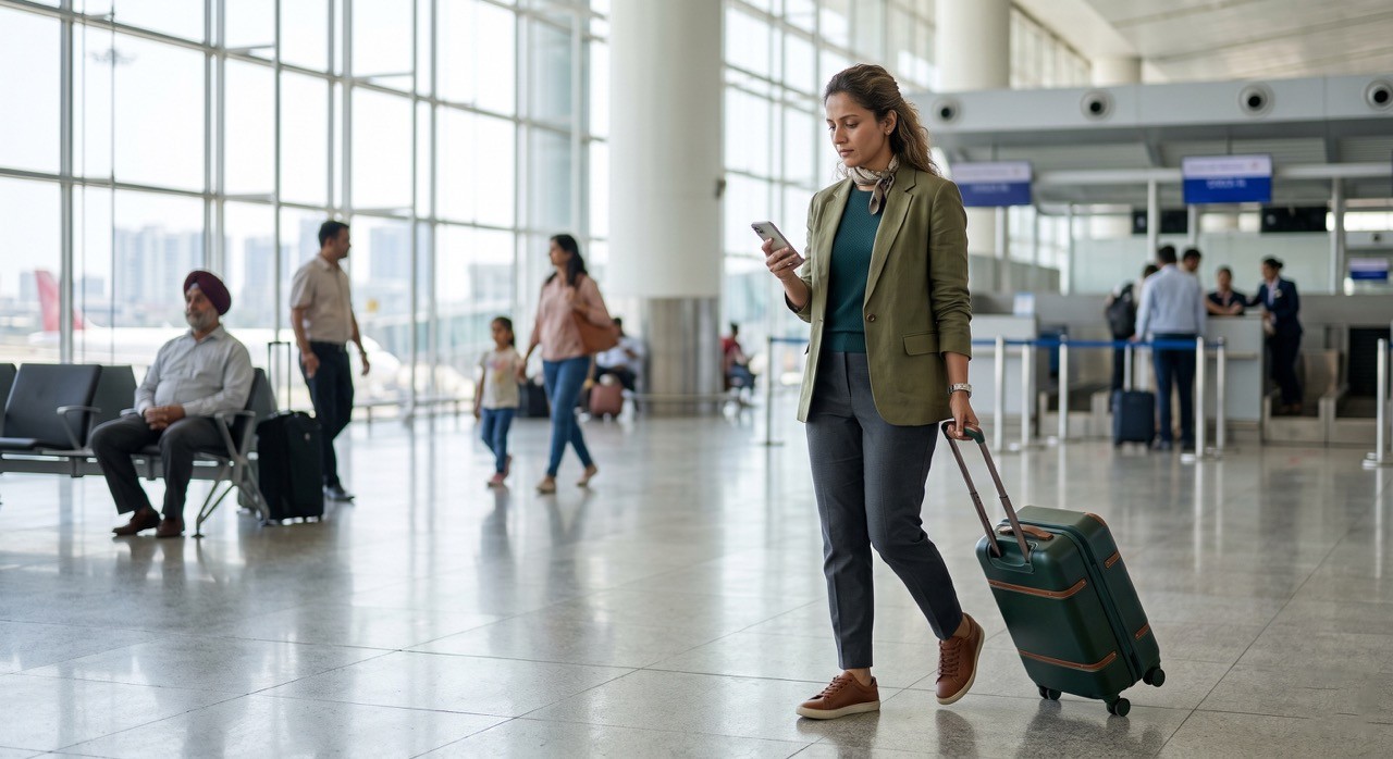 Business Traveler Using Smartphone in Airport Terminal