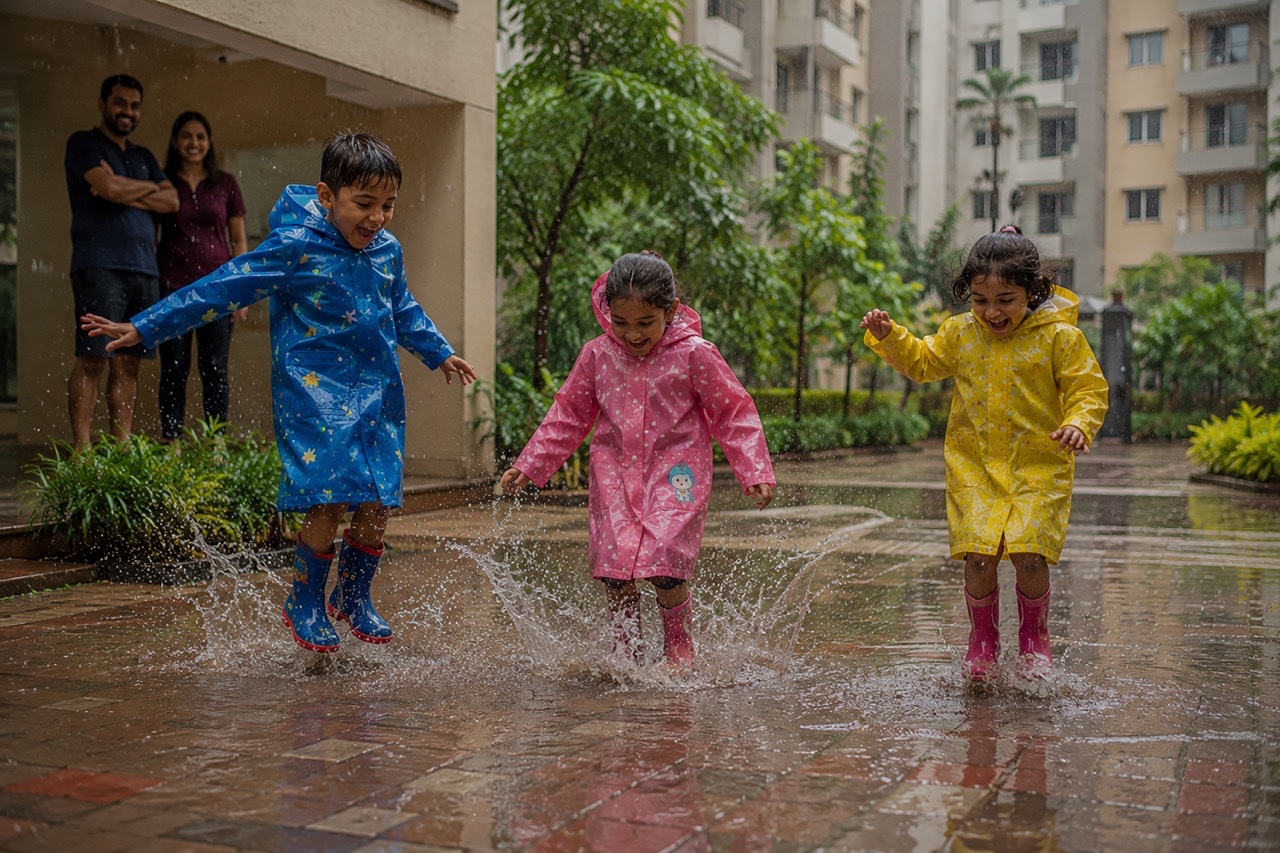 Happy Indian Children Jumping in Rain Puddles at Residential Community During Monsoon | Royalty-Free image | Pixlaris