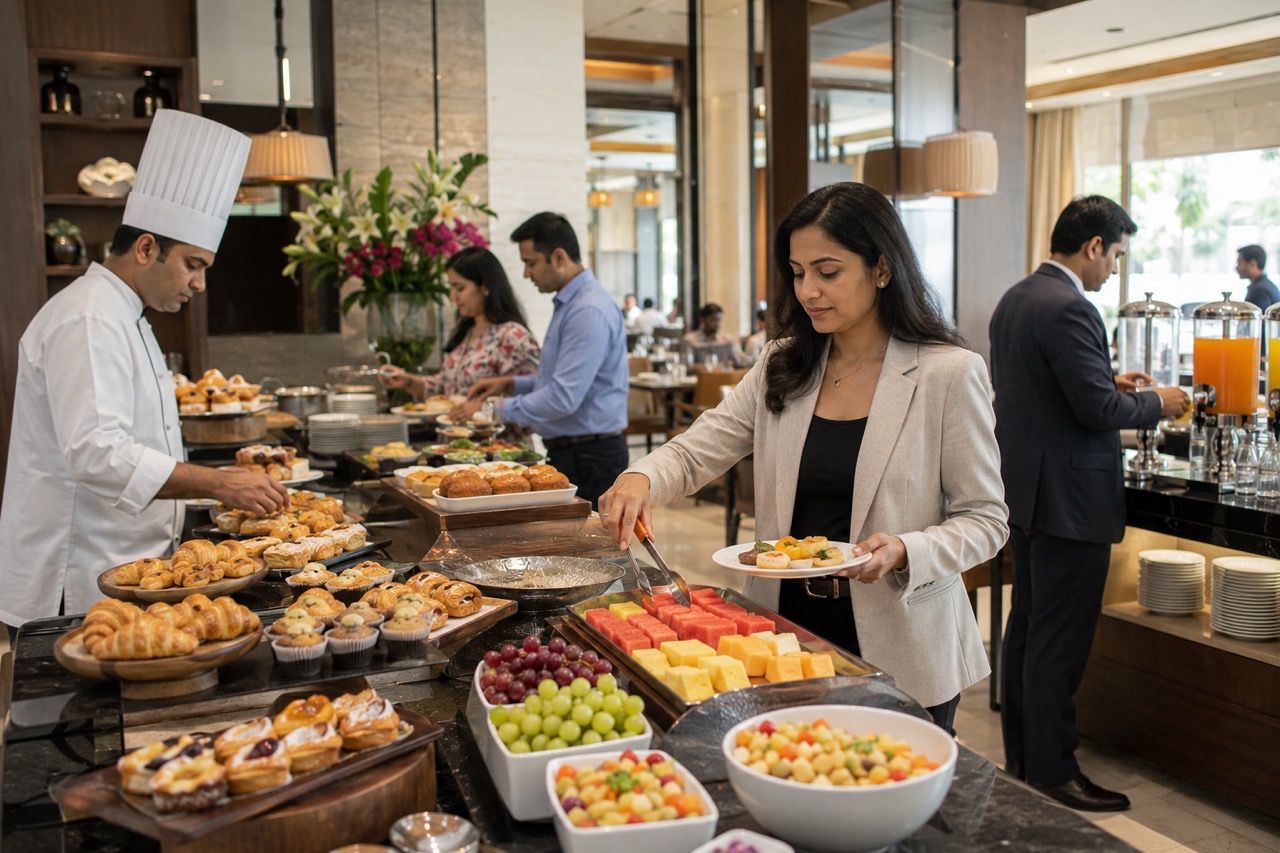 Businesswoman Selecting Fruit at Luxury Hotel Breakfast Buffet | Royalty-Free image | Pixlaris