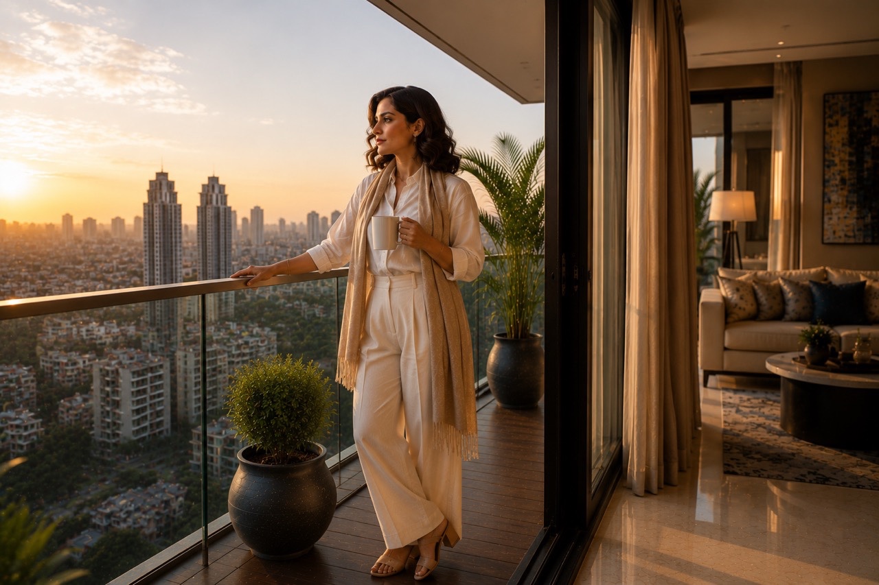 Elegant Woman Reading Magazine Near Sunset Balcony | Royalty-Free image | Pixlaris